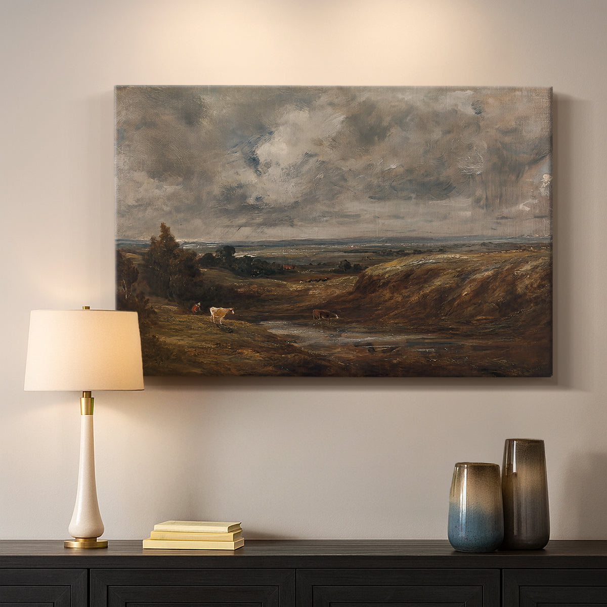 Canvas art print detailing a landscape emphasizing sky and open ground, mounted in a softly lit interior space