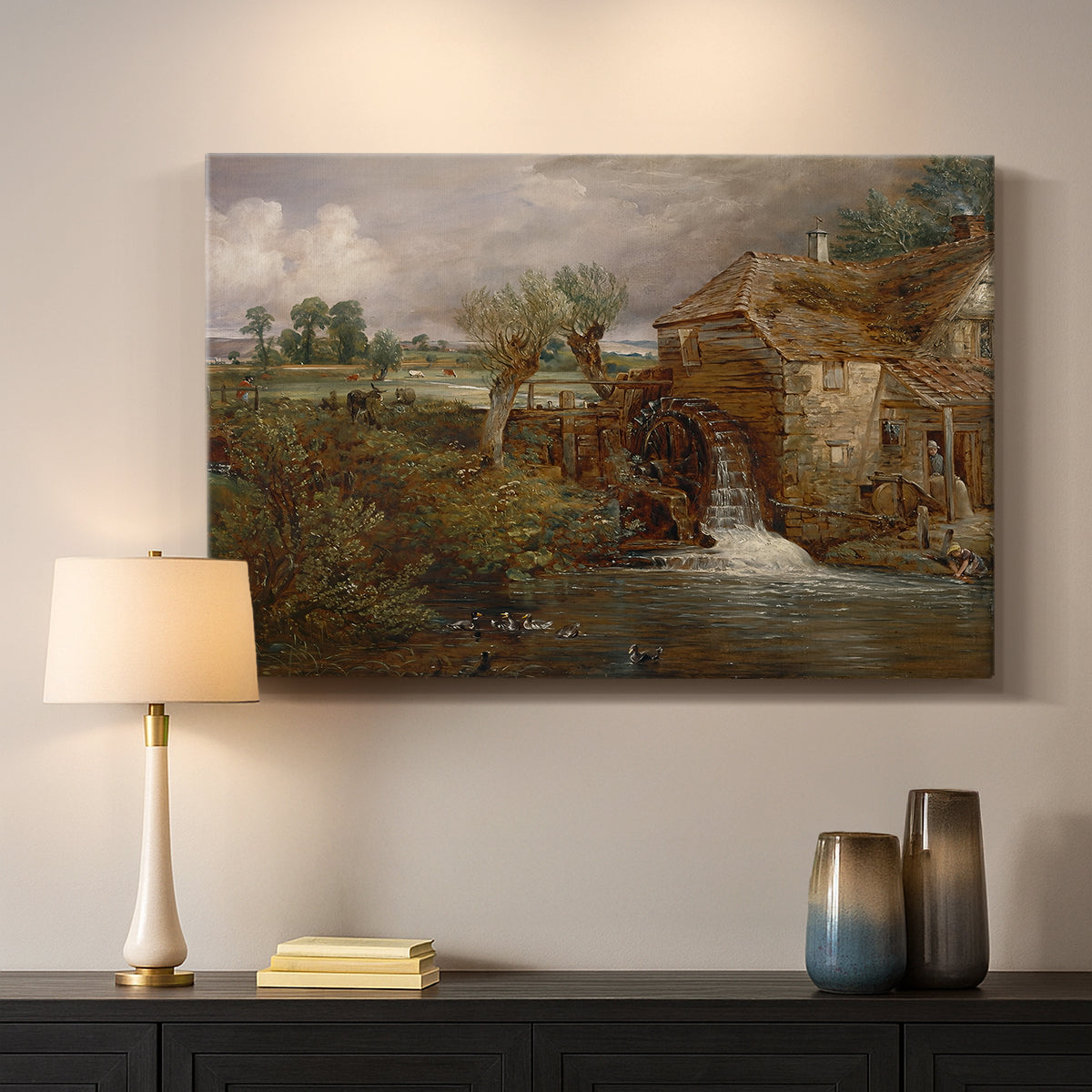 Canvas art print detailing a pastoral view featuring mill, mounted in a softly lit interior space