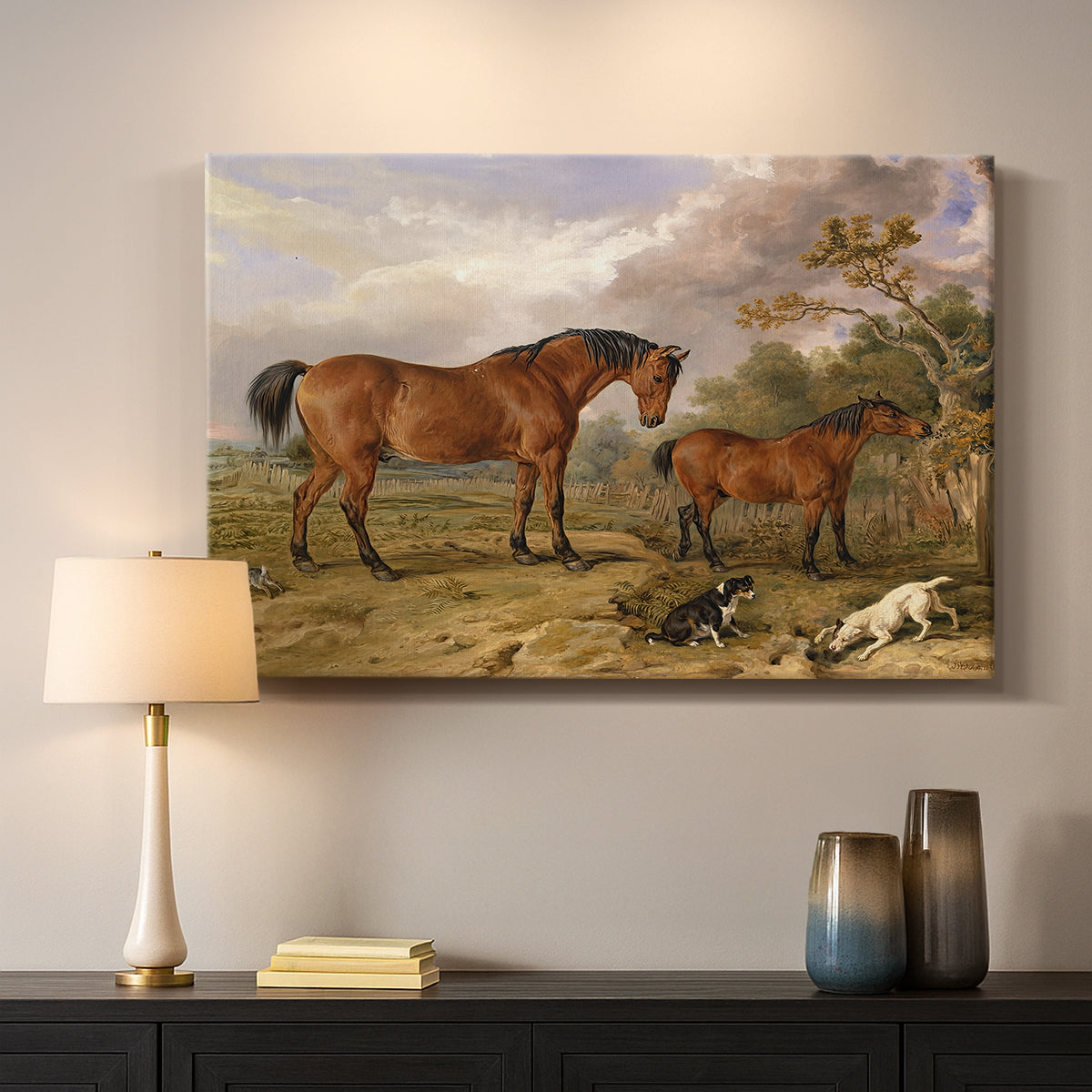 Canvas art print detailing a countryside scene featuring grouped horses, mounted in a softly lit interior space