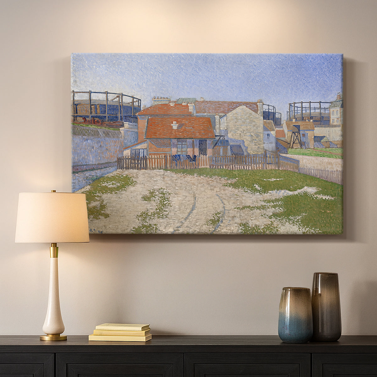 Canvas art print detailing an urban composition with structures, mounted in a softly lit interior space