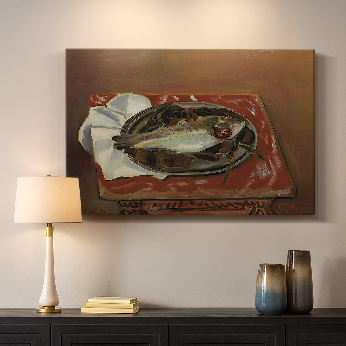 Canvas art print detailing a restrained still life of a fish in natural tones, mounted in a softly lit interior space