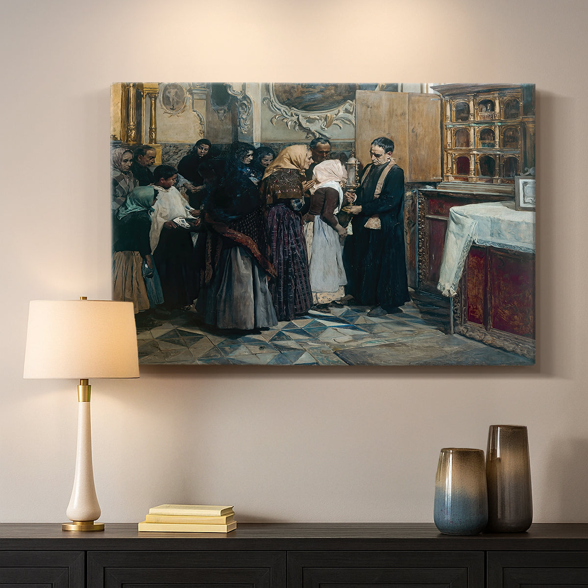 Canvas art print detailing a narrative composition centered on sacred object, mounted in a softly lit interior space