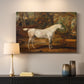 Canvas art print detailing a realistic depiction of horse posed in countryside, mounted in a softly lit interior space