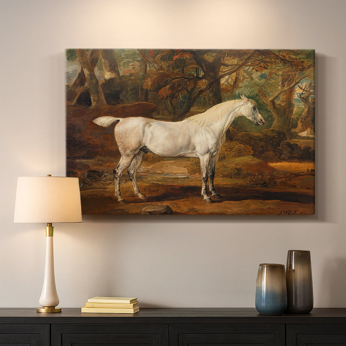 Canvas art print detailing a realistic depiction of horse posed in countryside, mounted in a softly lit interior space