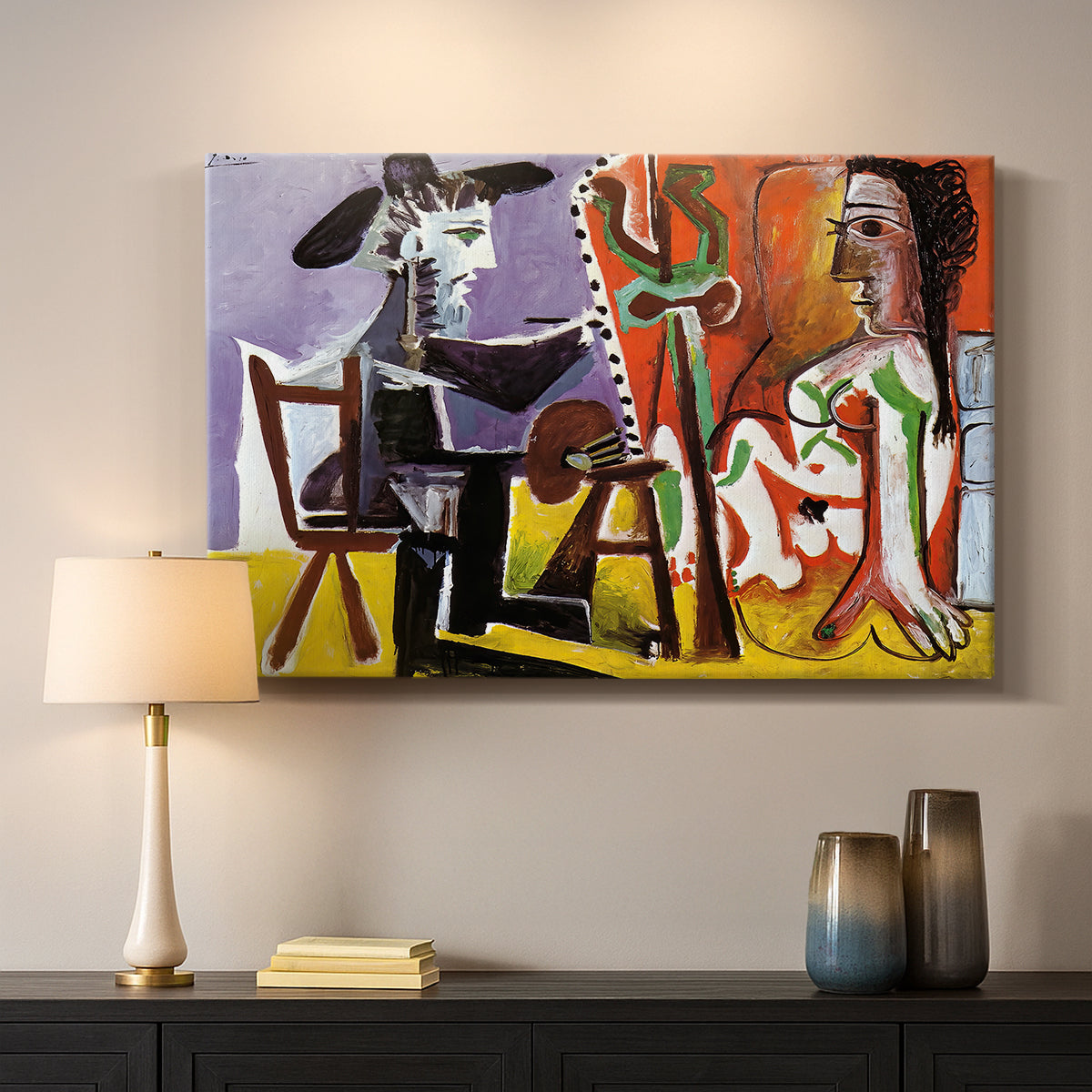 Canvas art print detailing a stylized interior with abstracted forms, mounted in a softly lit interior space