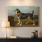 Canvas art print detailing a detailed depiction of dog in outdoor setting, mounted in a softly lit interior space