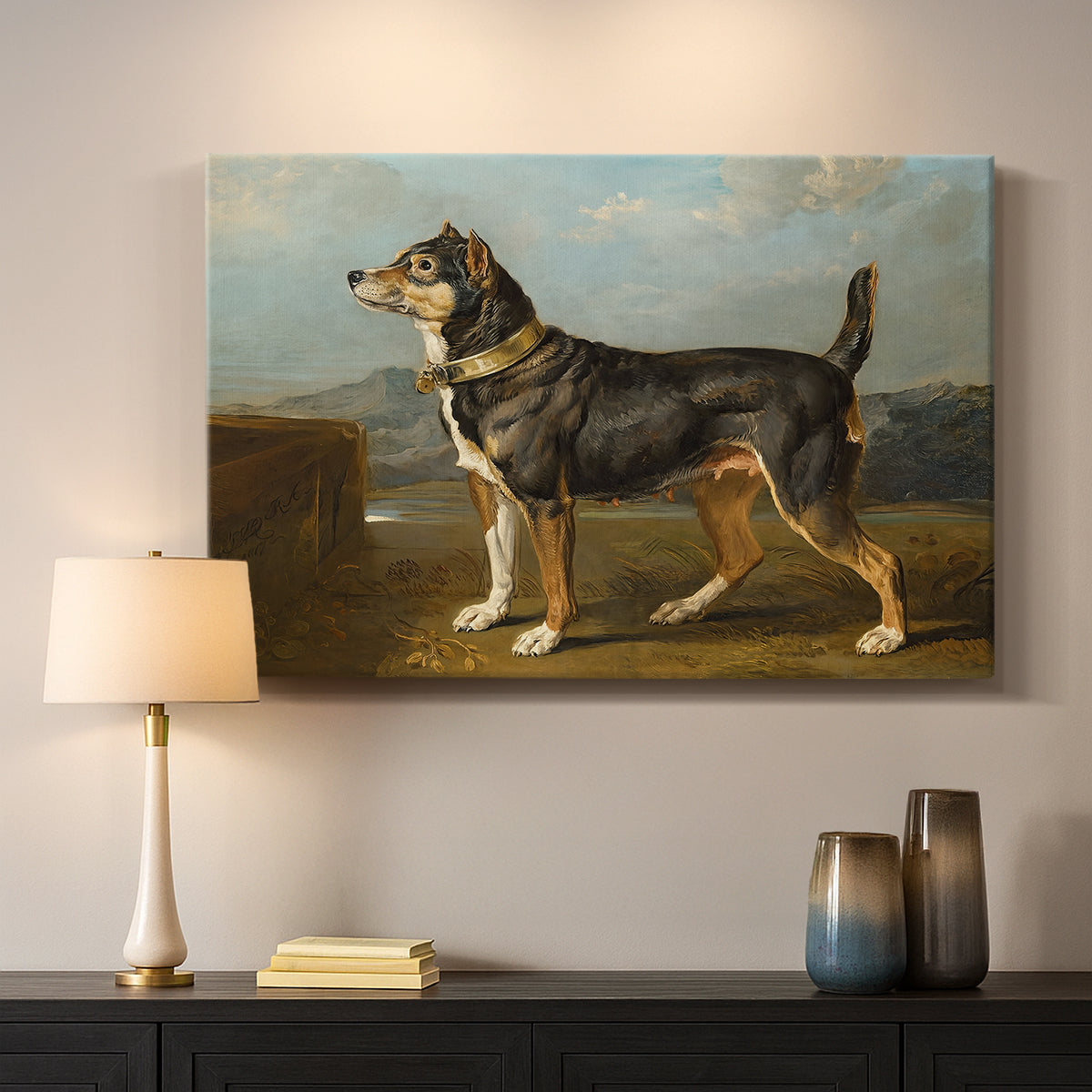 Canvas art print detailing a detailed depiction of dog in outdoor setting, mounted in a softly lit interior space