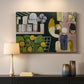 Canvas art print detailing a stylized interior-exterior scene, mounted in a softly lit interior space