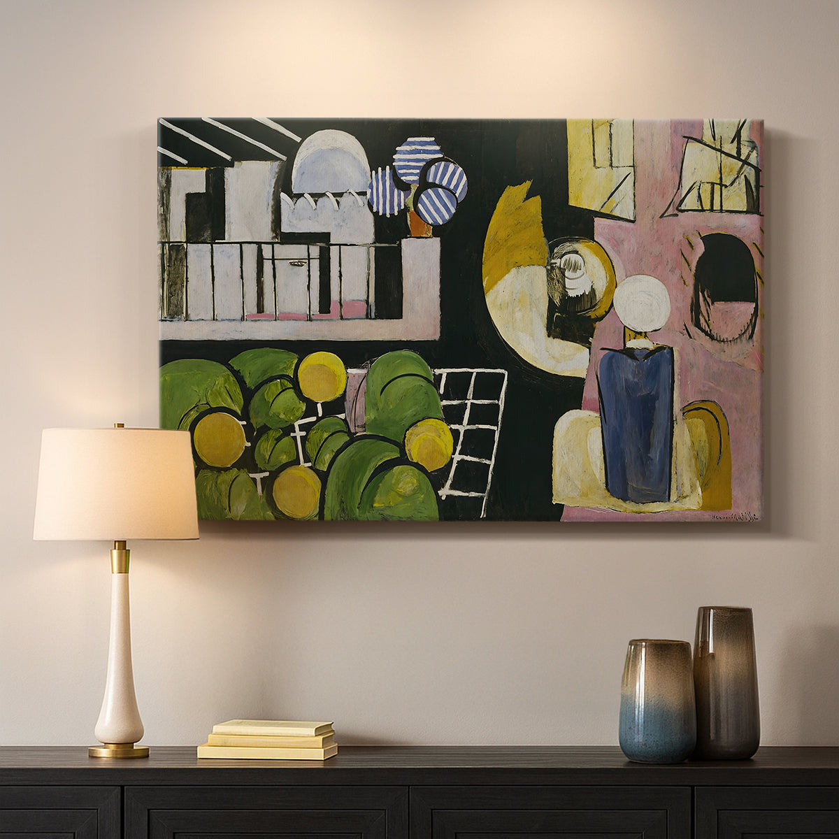 Canvas art print detailing a stylized interior-exterior scene, mounted in a softly lit interior space