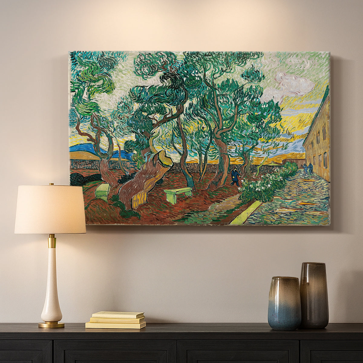 Canvas art print detailing a stylized garden composition with movement, mounted in a softly lit interior space