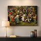 Canvas art print detailing a traditional village wedding scene, mounted in a softly lit interior space
