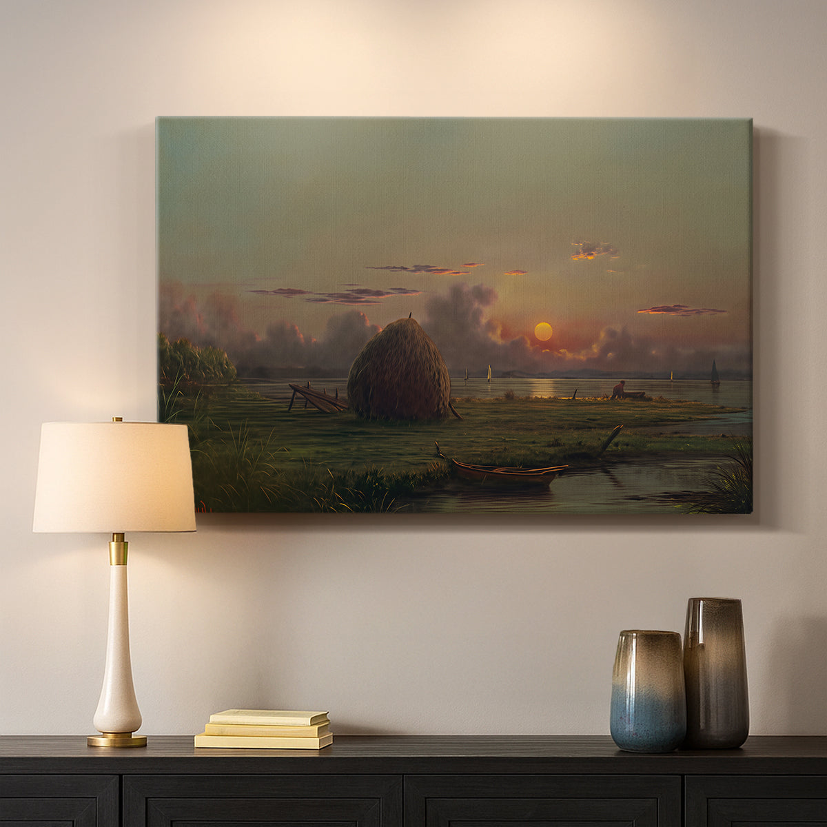 Canvas art print detailing a luminist composition emphasizing sky, mounted in a softly lit interior space