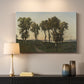 Canvas art print detailing an atmospheric autumn setting with warm tones and calm mood, mounted in a softly lit interior space
