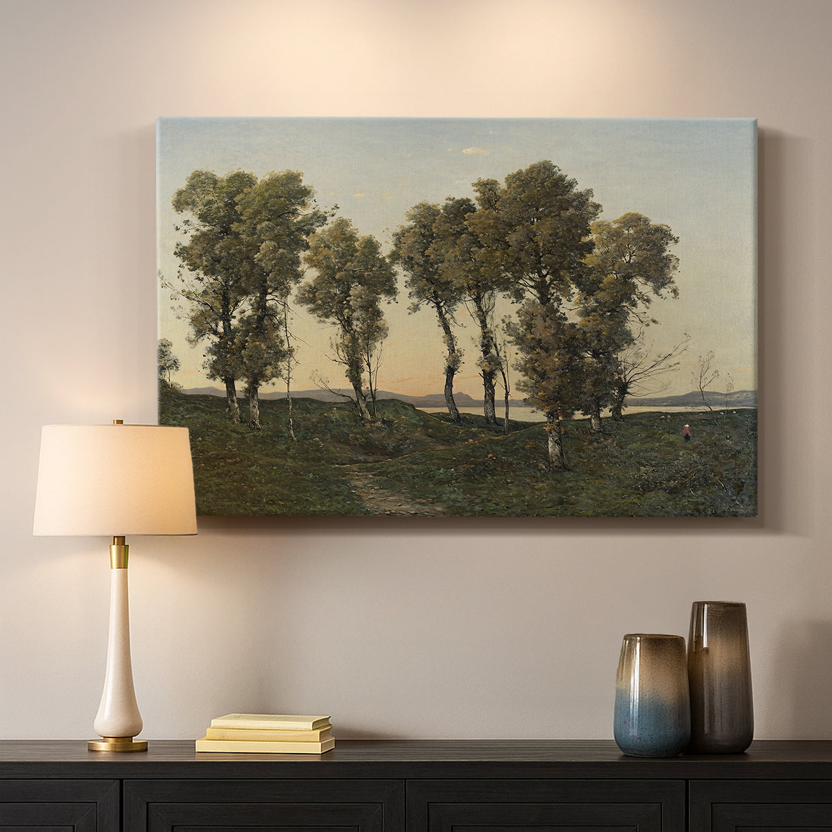 Canvas art print detailing an atmospheric autumn setting with warm tones and calm mood, mounted in a softly lit interior space
