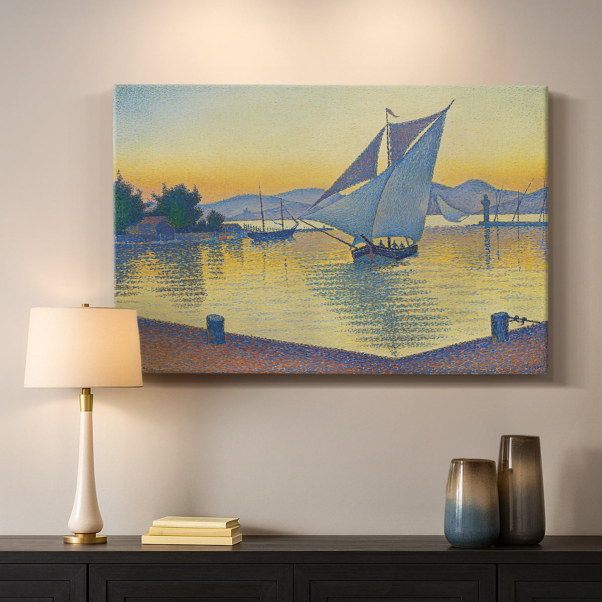 Canvas art print detailing a maritime light scene, mounted in a softly lit interior space