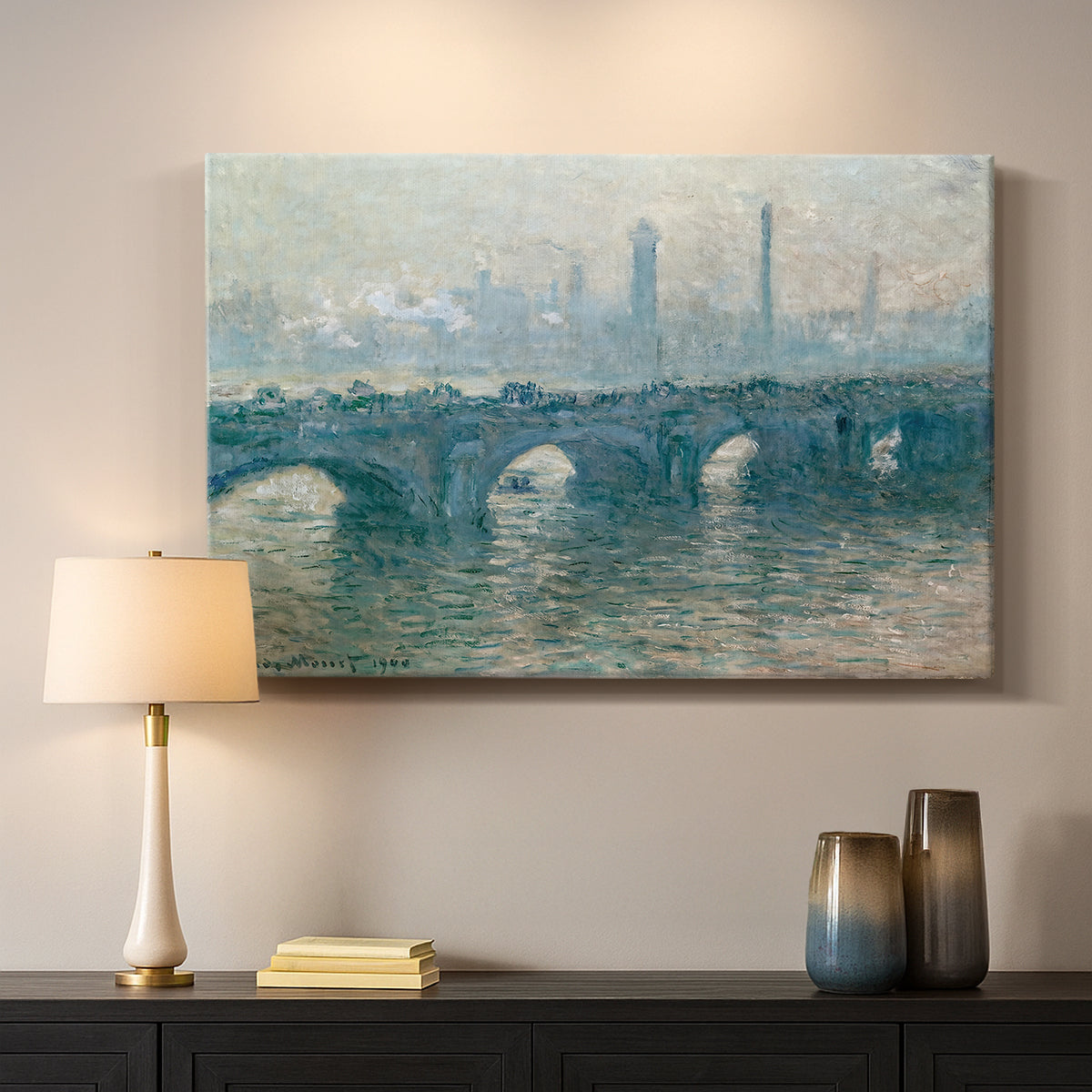 Canvas art print detailing an atmospheric urban landscape with misty light and reflections, mounted in a softly lit interior space