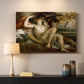 Canvas art print detailing a classical figure scene featuring Venus, Mars, and Cupid, mounted in a softly lit interior space