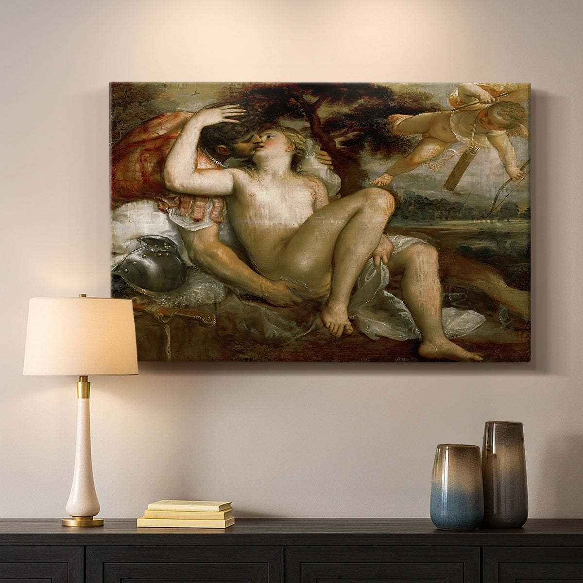 Canvas art print detailing a classical figure scene featuring Venus, Mars, and Cupid, mounted in a softly lit interior space