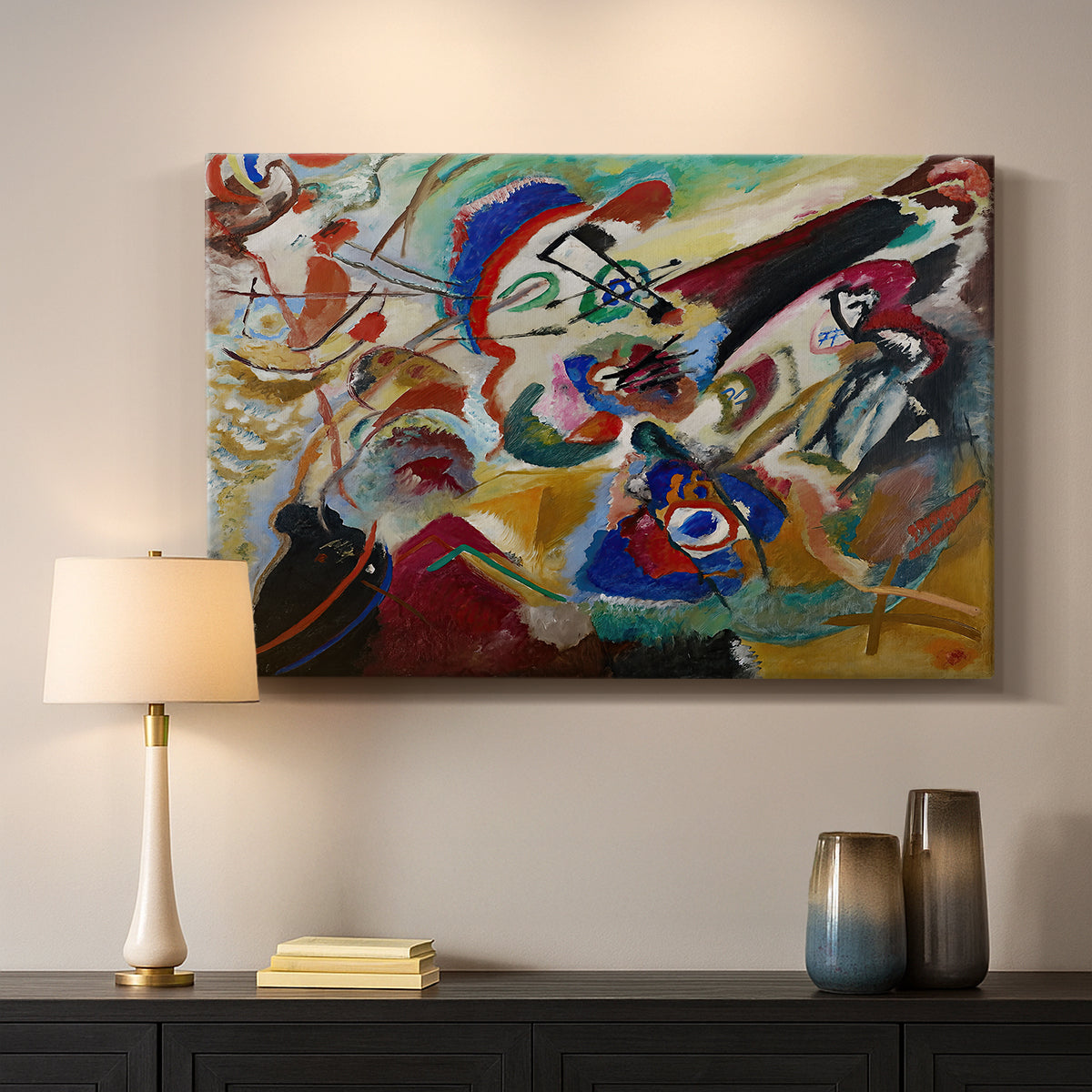 Canvas art print detailing an abstract study focusing on interplay of line and color, mounted in a softly lit interior space