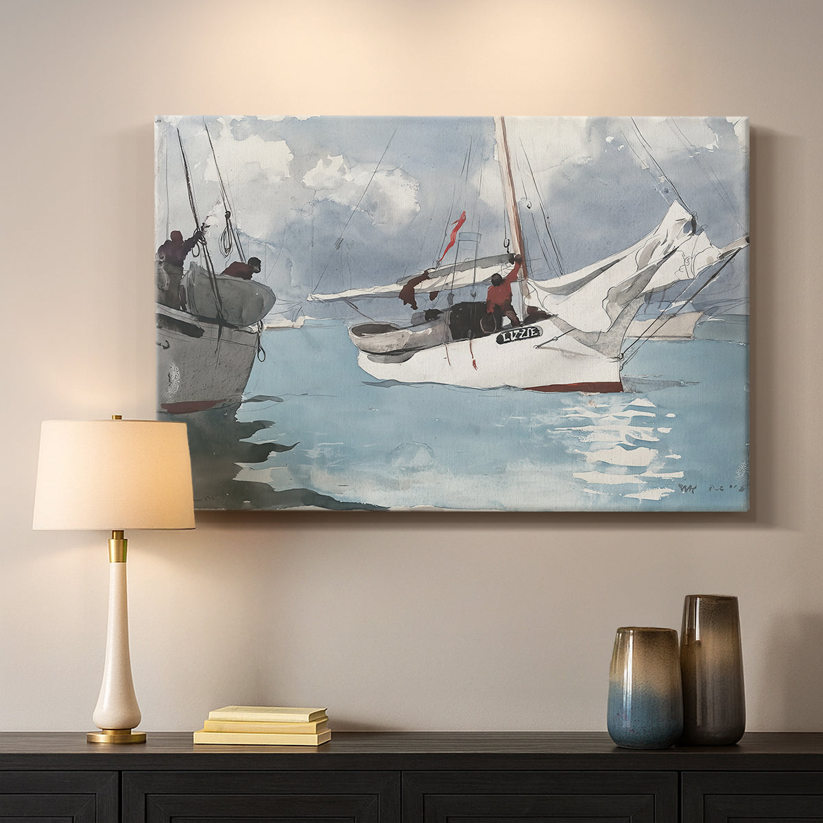 Canvas art print detailing a shoreline view with fishing boats and distant horizon, mounted in a softly lit interior space