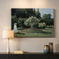 Canvas art print detailing a tranquil garden portrait with soft natural light, mounted in a softly lit interior space
