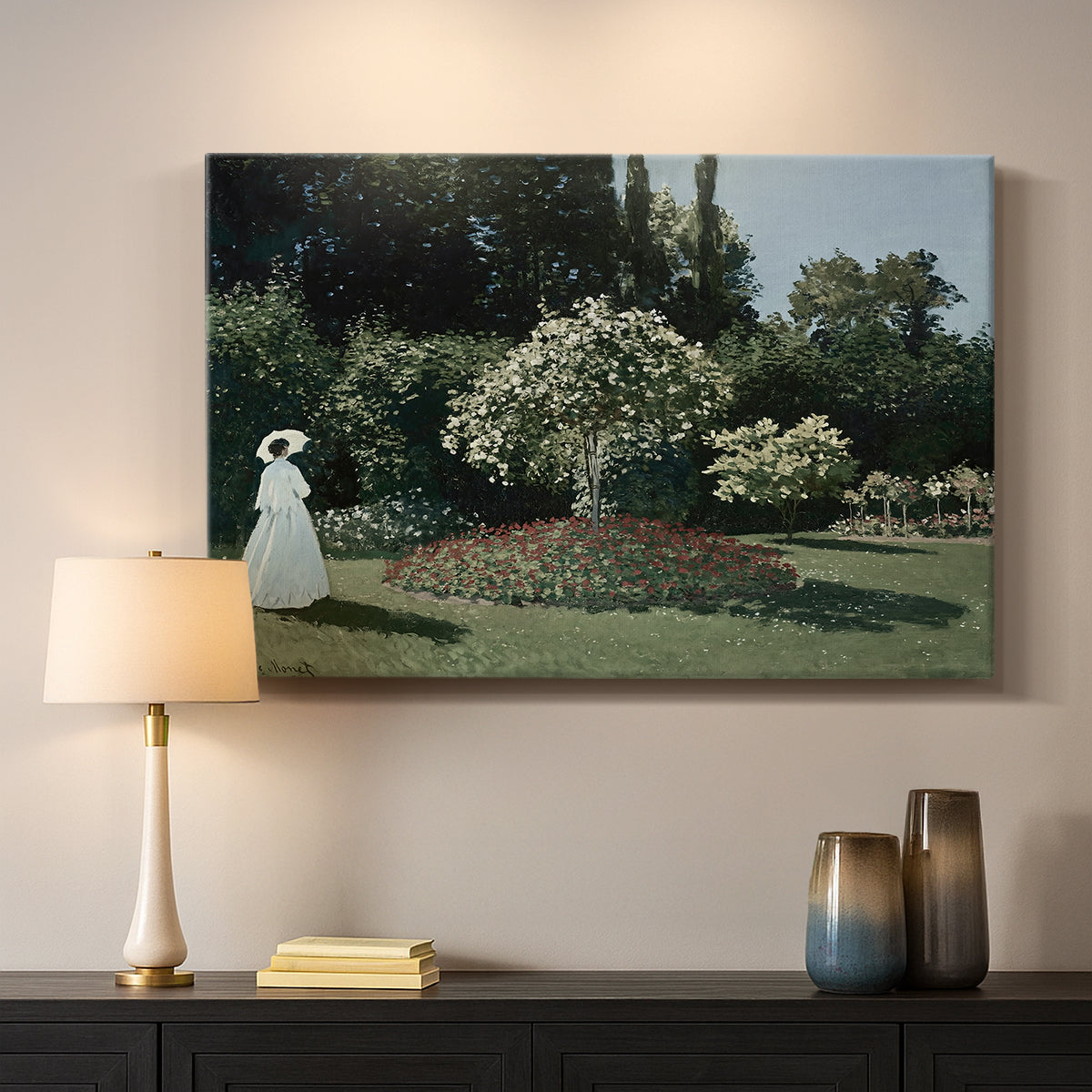 Canvas art print detailing a tranquil garden portrait with soft natural light, mounted in a softly lit interior space