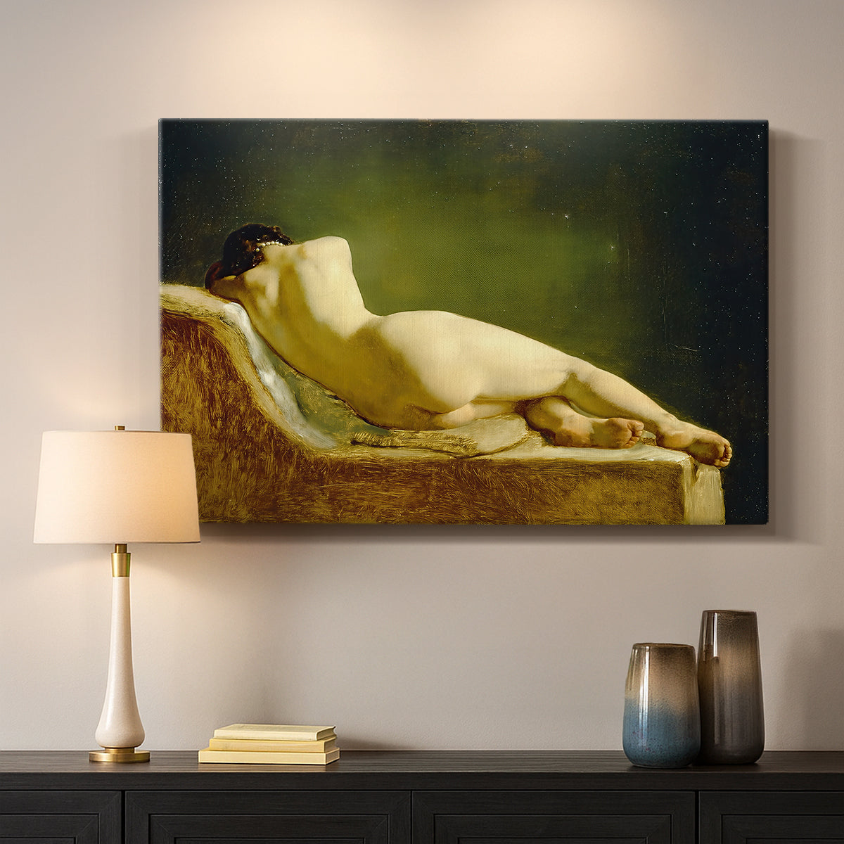 Canvas art print detailing an interior scene focusing on single resting figure, mounted in a softly lit interior space
