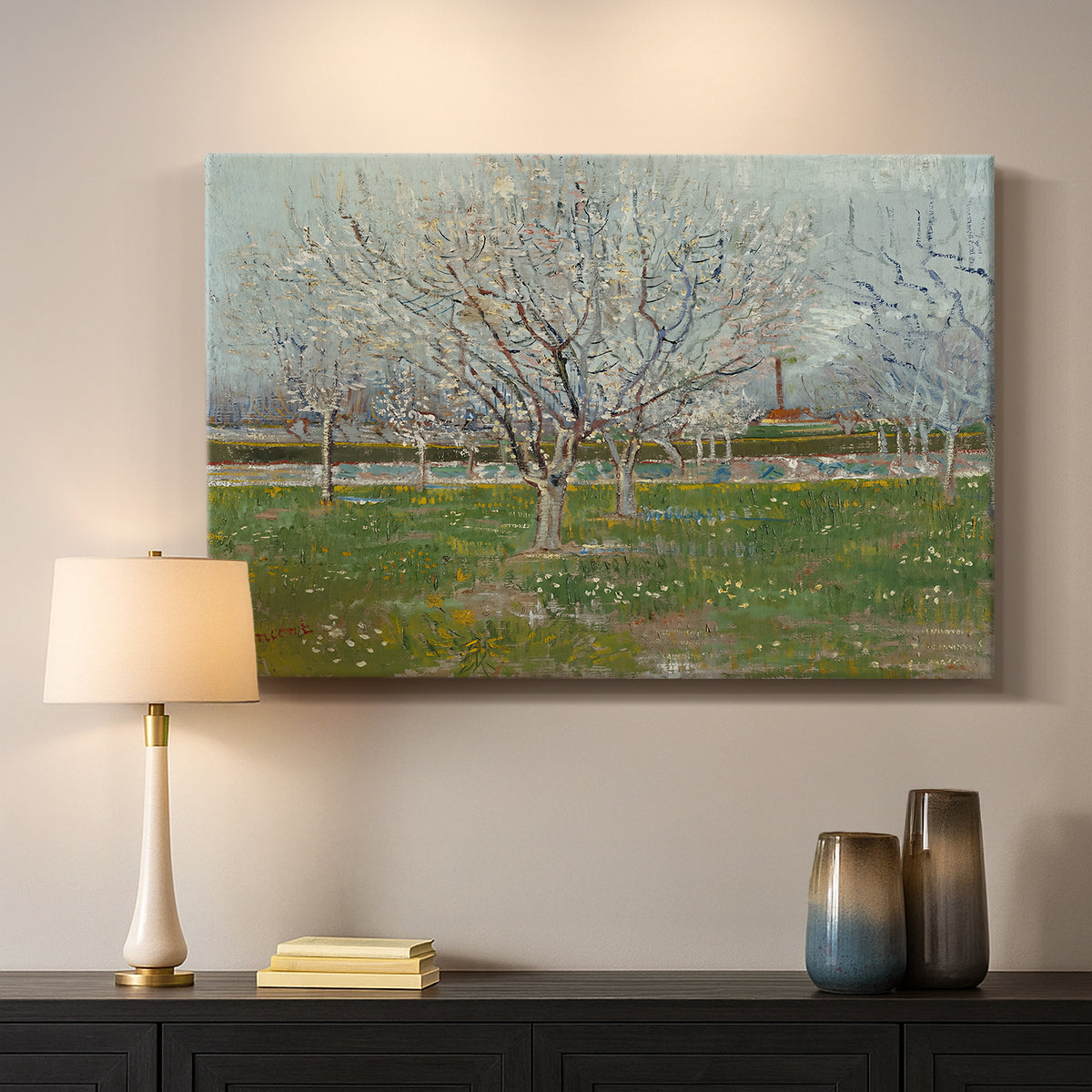 Canvas art print detailing a landscape emphasizing pattern of trees across field, mounted in a softly lit interior space