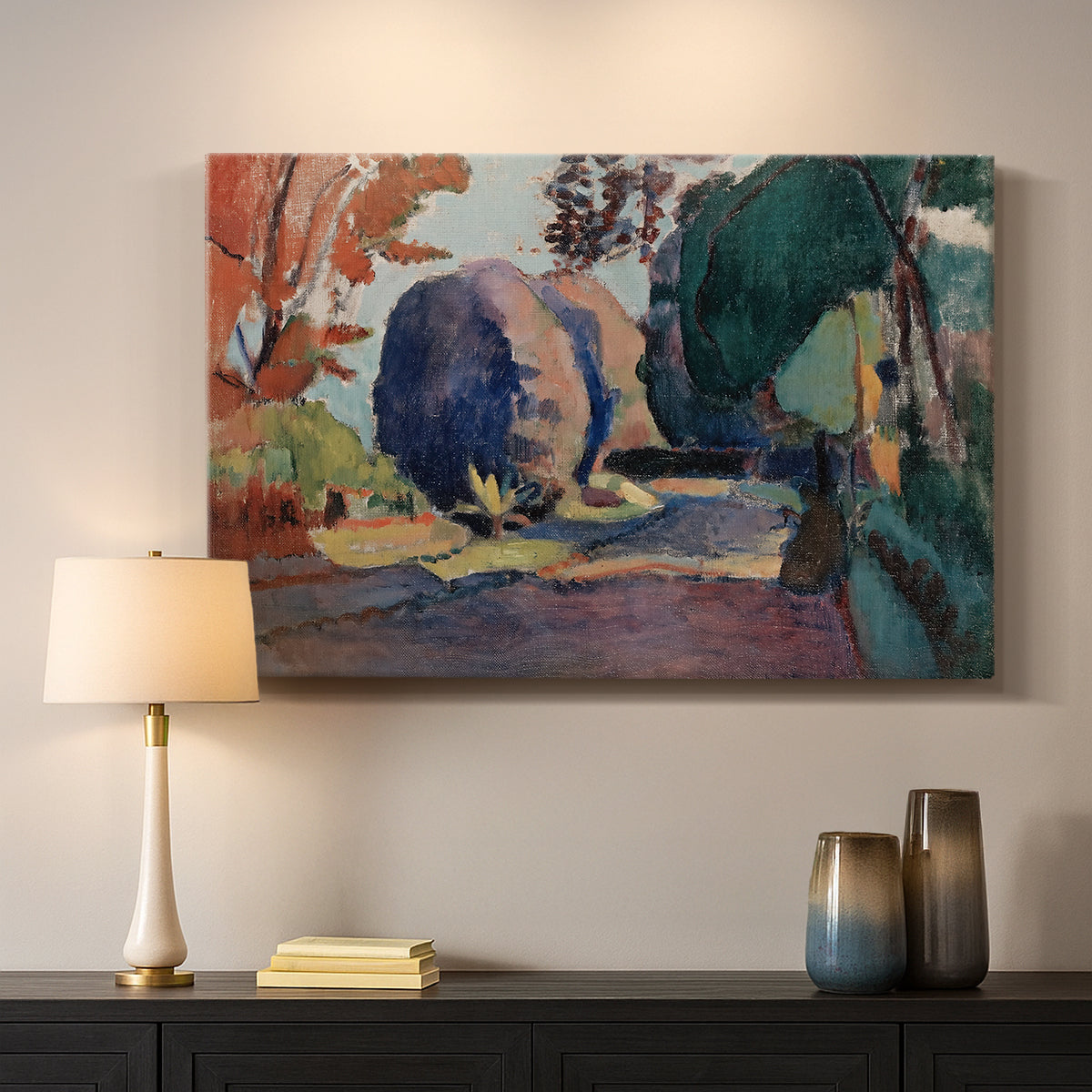 Canvas art print detailing a colorful landscape view of a garden, mounted in a softly lit interior space