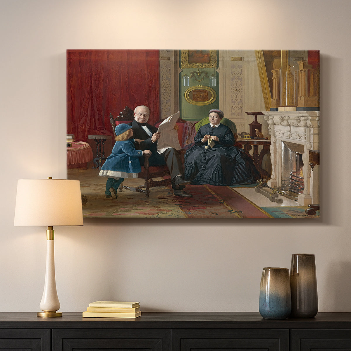 Canvas art print detailing a family group portrait with warm interior tones, mounted in a softly lit interior space
