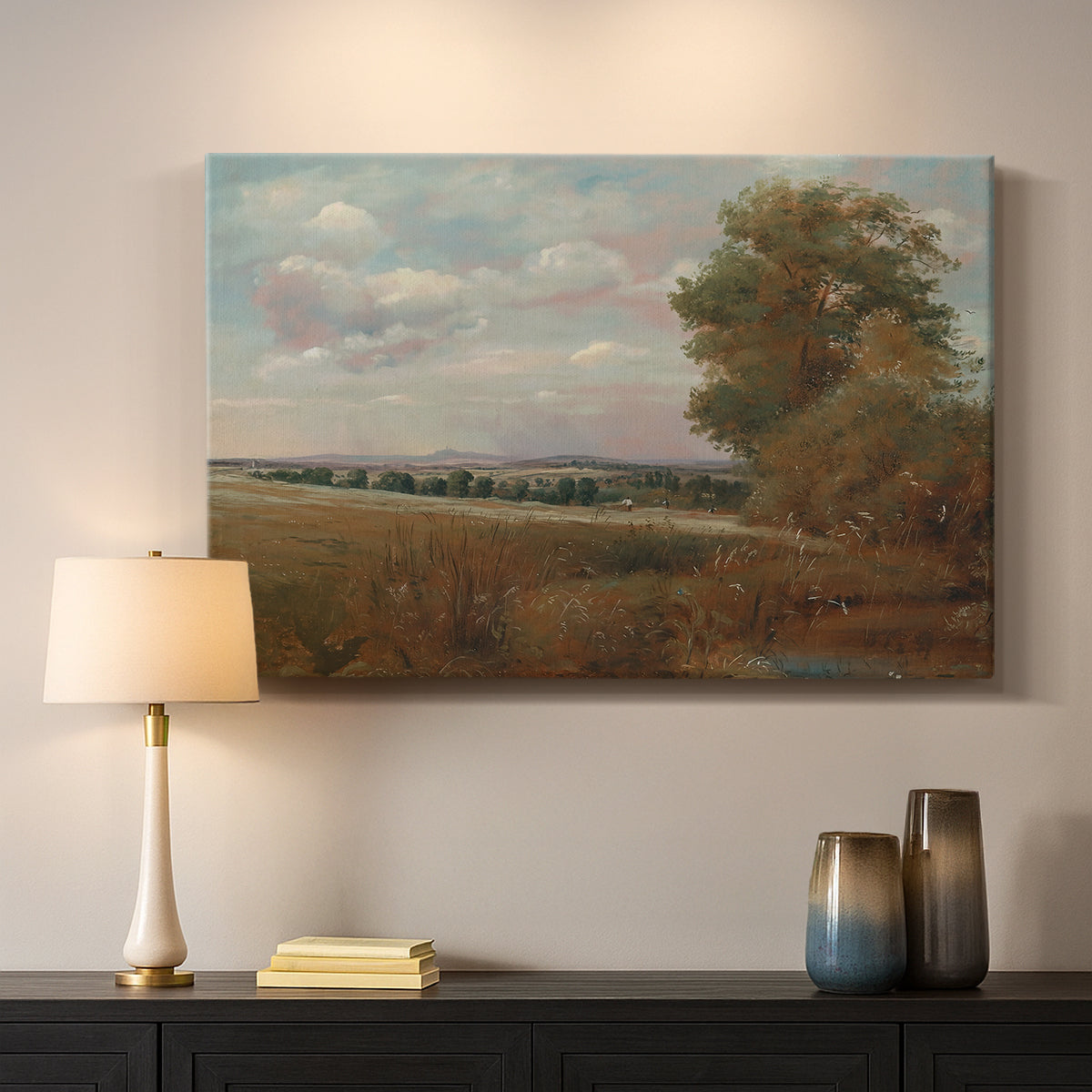 Canvas art print detailing an atmospheric landscape with depth, mounted in a softly lit interior space