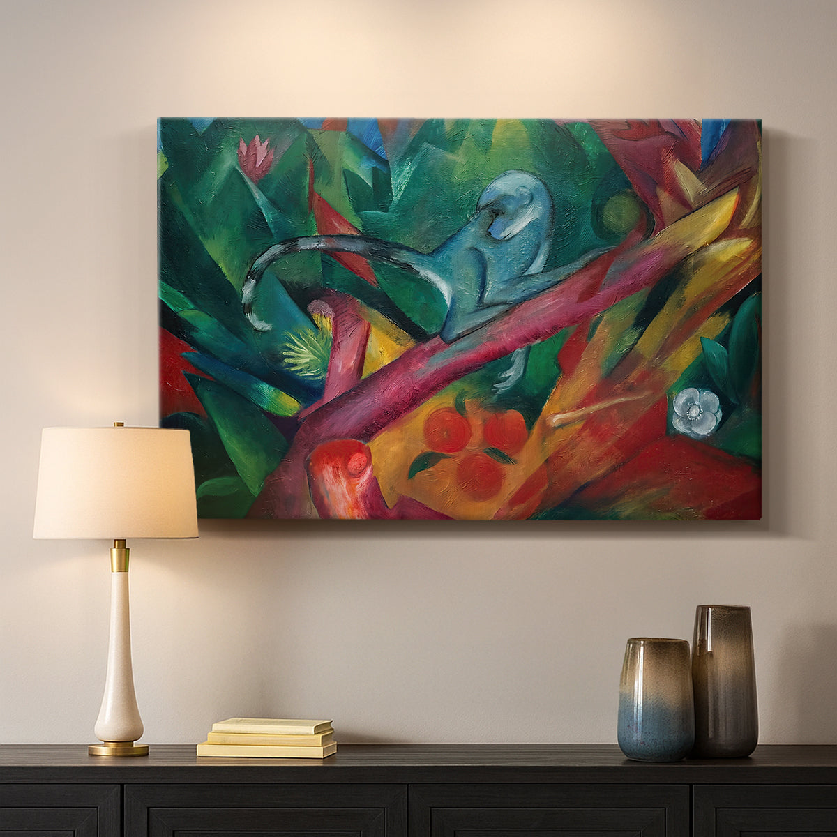 Canvas art print detailing a modernist animal figure with fragmented composition, mounted in a softly lit interior space