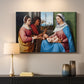 Canvas art print detailing a classical scene with people posed in harmonious outdoor setting, mounted in a softly lit interior space