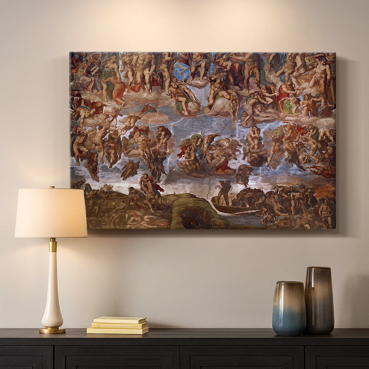 Canvas art print detailing a fresco scene showing turmoil, mounted in a softly lit interior space