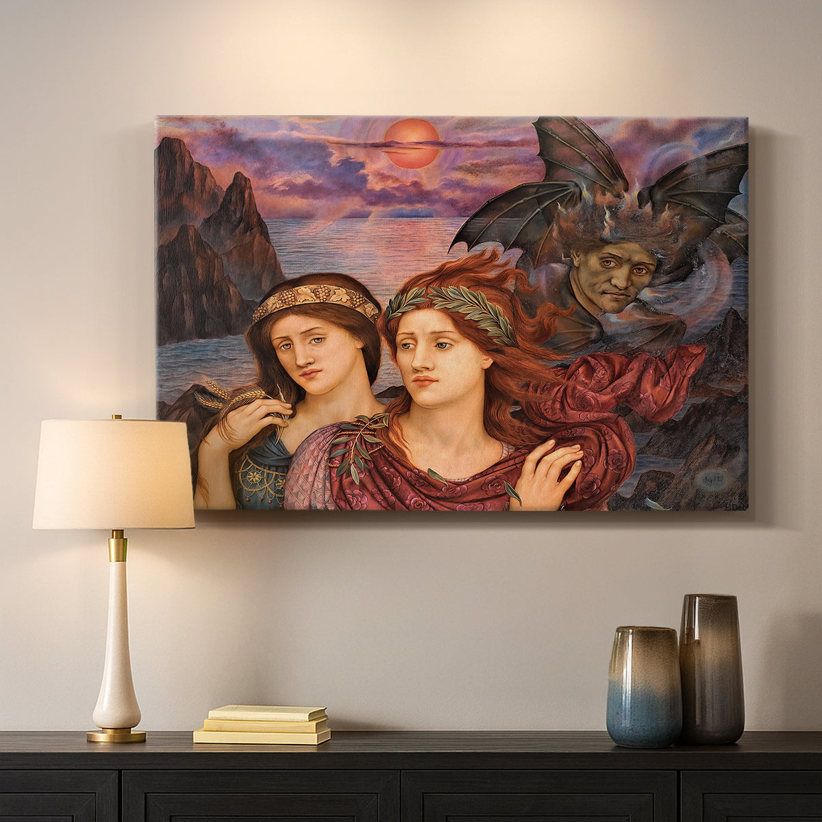 Canvas art print detailing an allegorical scene emphasizing emotion and color, mounted in a softly lit interior space