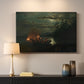Canvas art print detailing an atmospheric scene of fishing under low light on still water, mounted in a softly lit interior space