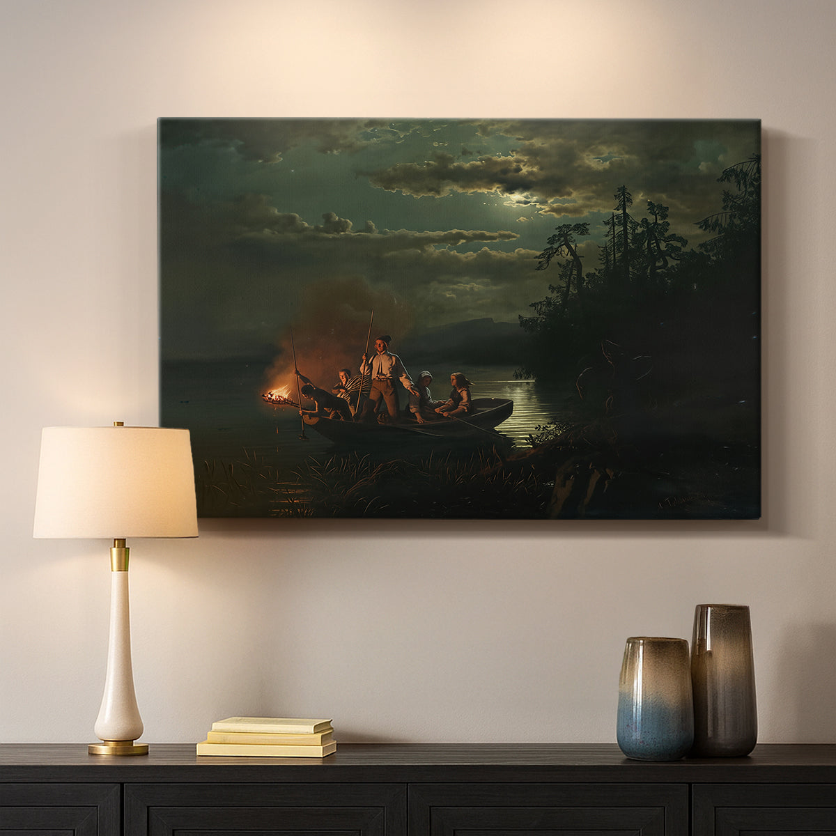 Canvas art print detailing an atmospheric scene of fishing under low light on still water, mounted in a softly lit interior space