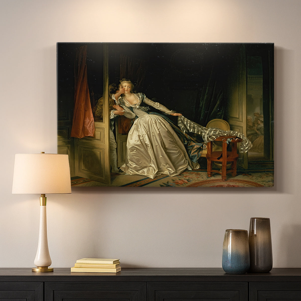 Canvas art print detailing a narrative scene capturing hidden affection, mounted in a softly lit interior space