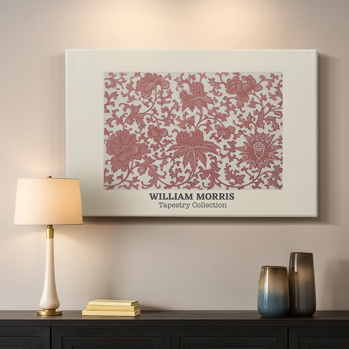 Canvas art print detailing a textile-style ornament with layered motifs and symmetry, mounted in a softly lit interior space