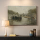 Canvas art print detailing an atmospheric landscape featuring a bridge over water, mounted in a softly lit interior space