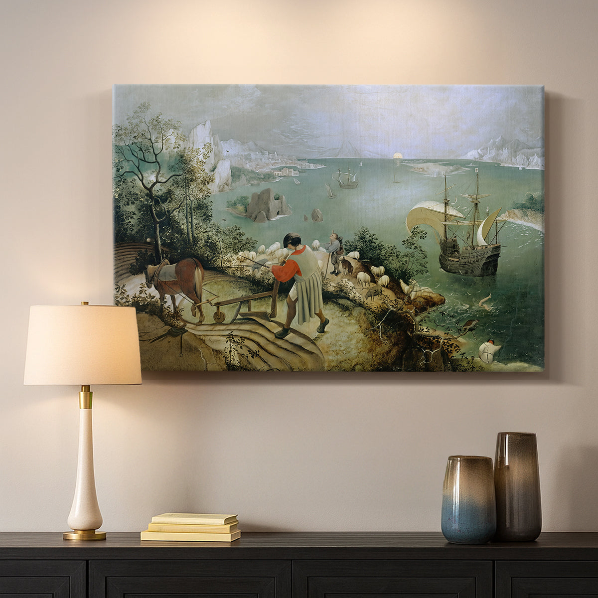Canvas art print detailing a traditional landscape composition combining nature and myth, mounted in a softly lit interior space
