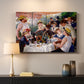 Canvas art print detailing a social dining scene with figures seated around table on riverside terrace, mounted in a softly lit interior space