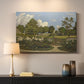 Canvas art print detailing a pastoral garden view with soft light and open space, mounted in a softly lit interior space