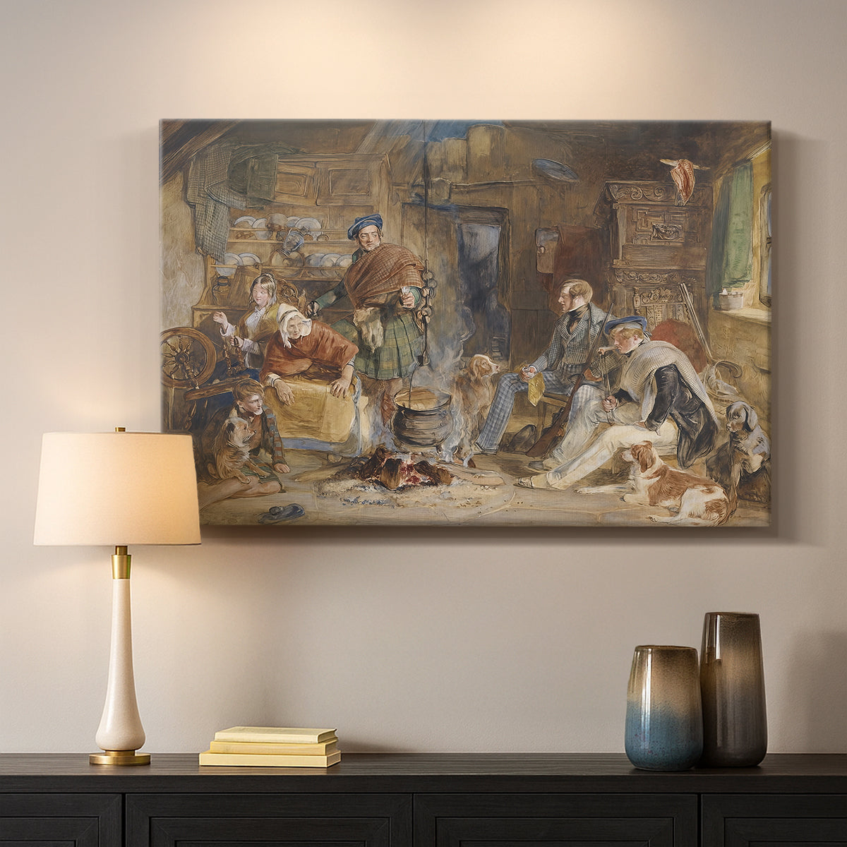 Canvas art print detailing a traditional gathering scene in simple room, mounted in a softly lit interior space