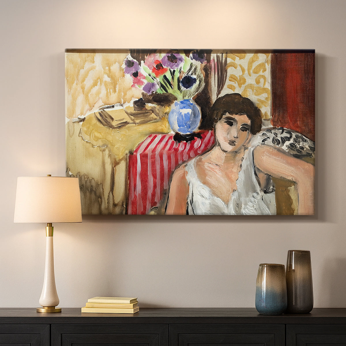 Canvas art print detailing a stylized interior portrait, mounted in a softly lit interior space