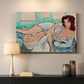 Canvas art print detailing a stylized female figure in a relaxed pose with drapery, mounted in a softly lit interior space