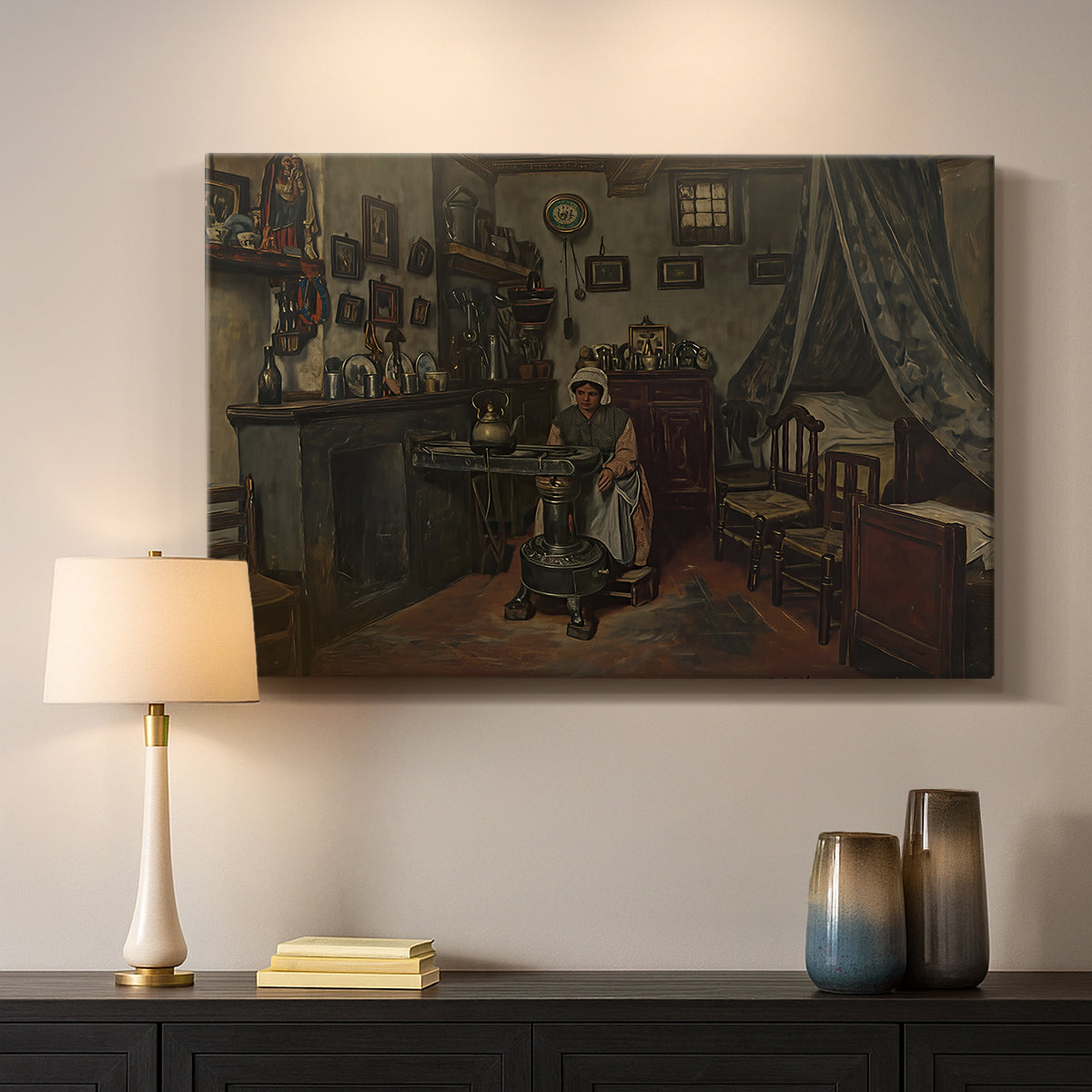 Canvas art print detailing an interior view with minimal objects and muted tones, mounted in a softly lit interior space