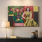 Canvas art print detailing a stylized composition of a woman next to a flower vase, mounted in a softly lit interior space