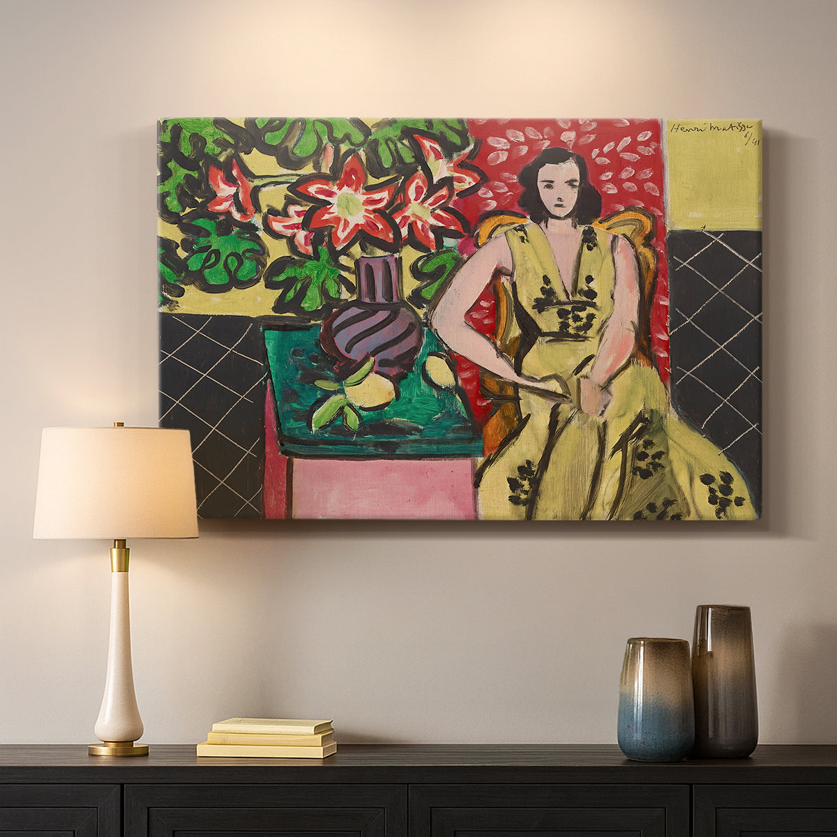 Canvas art print detailing a stylized composition of a woman next to a flower vase, mounted in a softly lit interior space