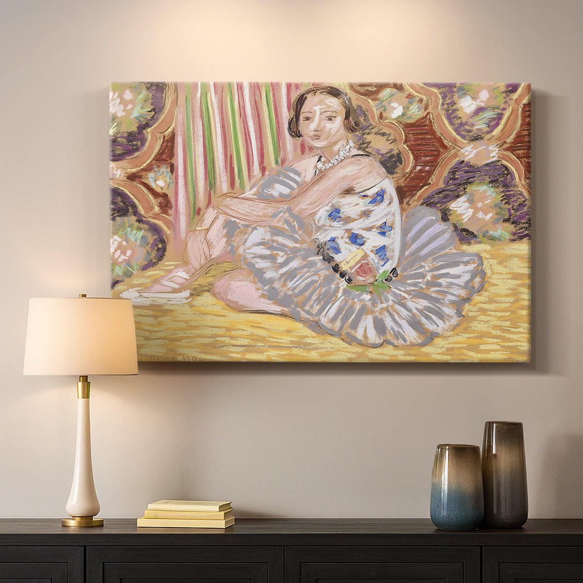 Canvas art print detailing a stylized composition of a female dancer indoors, mounted in a softly lit interior space